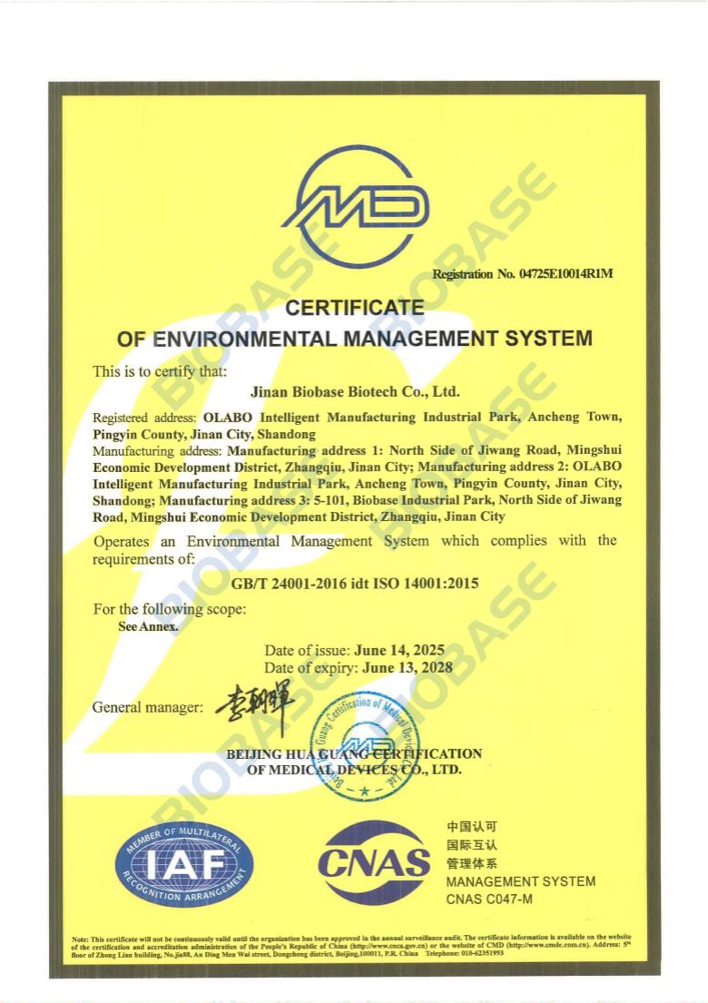ISO 14001 – quản lý môi trường – Environmental management activities of design, development, manufacture, distribution and service of Biological Safety Cabinet, Laminar Flow Cabinet, Biological Isolation Chamber, Air Purifier, Laminar Flow Bed, Semi-Automated External Defibrillator, Fume Hood, PCR Cabinet, Dispensing Booth, Rapid Drug Delivery System, Medicine Dispensing Rack, Intelligent Injection Cabinet, Intelligent Medicine Distributing Machine, Vial Peeling Machine, Controlled Drugs Management Machine, Pathology Workstation, Laminar Flow Pathology Workstation, Clean Gas Type Medicine Storage Cabinet, Tissue Flotation Water Bath, Slide Dryer (Hot Plate), Tissue Flotation Water Bath&Slider Dryer, Semi Automatic Kjeldahl Nitrogen Analyzer, Fully-automatic Kjeldahl Nitrogen Analyzer, Graphite Digester, Heavy Metal Digester, Automatic Digestion Units, Fat Analyzer, Automatic Intelligent Distillation Apparatus, Microbial Limit Tester, Automatic Micro Liquid Dispenser, UV-VIS Spectrophotometer, Animal Cage Changing Station, Animal Litter Workstation (Manufacturing address 1). Environmental management activities of design, development, manufacture, distribution and service of Biological Safety Cabinet, Laminar Flow Cabinet, Centrifuge, Freeze Dryer, Fume Hood (Manufacturing address 2). Environmental management activities of design, development, manufacture, distribution and service of Microtome, Automated Tissue Stainer, Automated Tissue Processor, Tissue Embedding Center, Tissue Cooling Center, Electrophoresis Apparatus(Manufacturing address 3).
