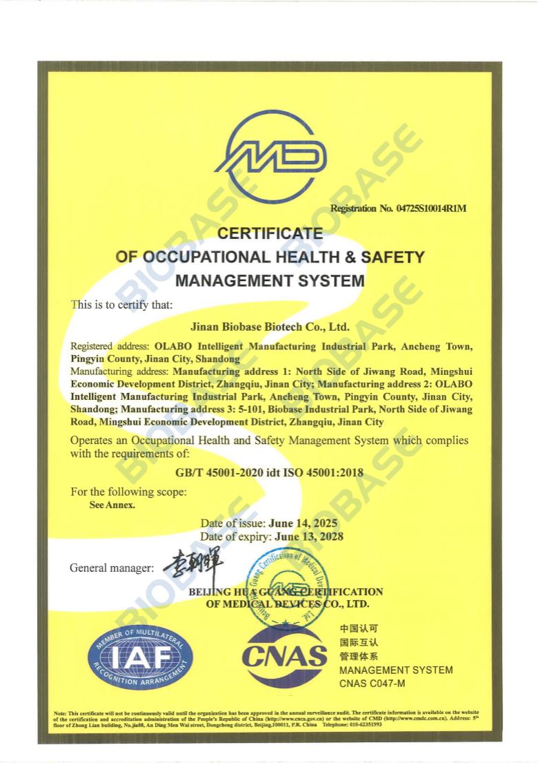 ISO 45001 – an toàn sức khỏe nghề nghiệp – Occupational health and safety management activities of design, development, manufacture, distribution and service of Biological Safety Cabinet, Laminar Flow Cabinet, Biological Isolation Chamber, Air Purifier, Laminar Flow Bed, Semi-Automated External Defibrillator, Fume Hood, PCR Cabinet, Dispensing Booth, Rapid Drug Delivery System, Medicine Dispensing Rack, Intelligent Injection Cabinet, Intelligent Medicine Distributing Machine, Vial Peeling Machine, Controlled Drugs Management Machine, Pathology Workstation, Laminar Flow Pathology Workstation, Clean Gas Type Medicine Storage Cabinet, Tissue Flotation Water Bath, Slide Dryer (Hot Plate), Tissue Flotation Water Bath&Slider Dryer, Semi Automatic Kjeldahl Nitrogen Analyzer, Fully-automatic Kjeldahl Nitrogen Analyzer, Graphite Digester, Heavy Metal Digester, Automatic Digestion Units, Fat Analyzer, Automatic Intelligent Distillation Apparatus, Microbial Limit Tester, Automatic Micro Liquid Dispenser, UV-VIS Spectrophotometer, Animal Cage Changing Station, Animal Litter Workstation (Manufacturing address 1). Occupational health and safety management activities of design, development, manufacture, distribution and service of Biological Safety Cabinet, Laminar Flow Cabinet, Centrifuge, Freeze Dryer, Fume Hood (Manufacturing address 2). Occupational health and safety management activities of design, development, manufacture, distribution and service of Microtome, Automated Tissue Stainer, Automated Tissue Processor, Tissue Embedding Center, Tissue Cooling Center, Electrophoresis Apparatus(Manufacturing address 3).